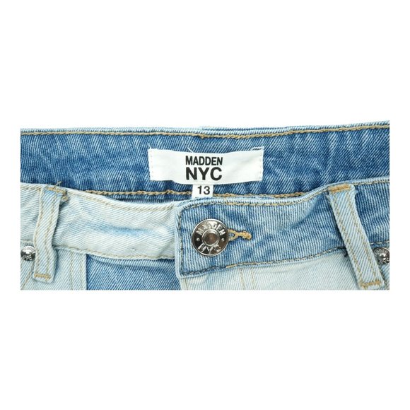 Madden NYC Patchwork High Rise Denim Shorts Women Jr Size 13 Y2K Raw Hem Stretch - Picture 3 of 3